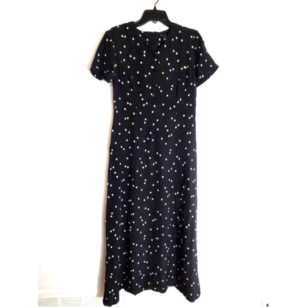 August Silk Black White Polka Dot 100% Silk Henly Midi Dress size 6 or Medium